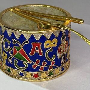 Vintage Cloisonné drum and sticks ornament. Bright and in beautiful shape.
